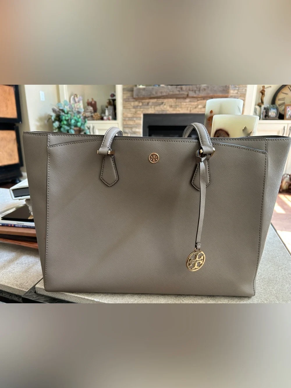 Tory Burch Large Taupe Leather Tote Shoulder Bag